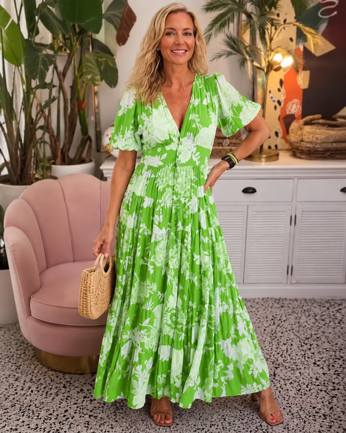 Minelda™ | Bloemen Buikcamouflerende Jurk Met V Hals
