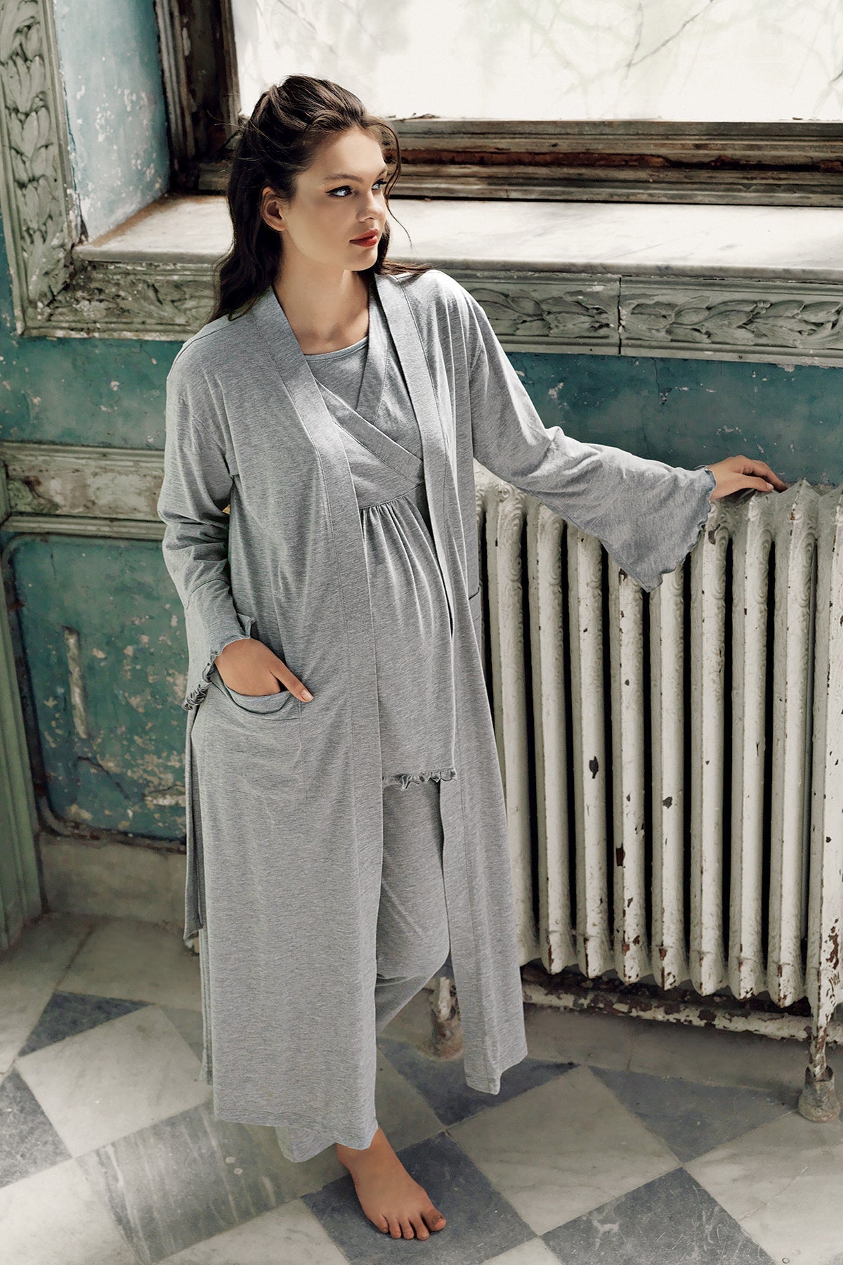 Double Breasted 4-Piece Maternity-Nursing Set Grey - 300112