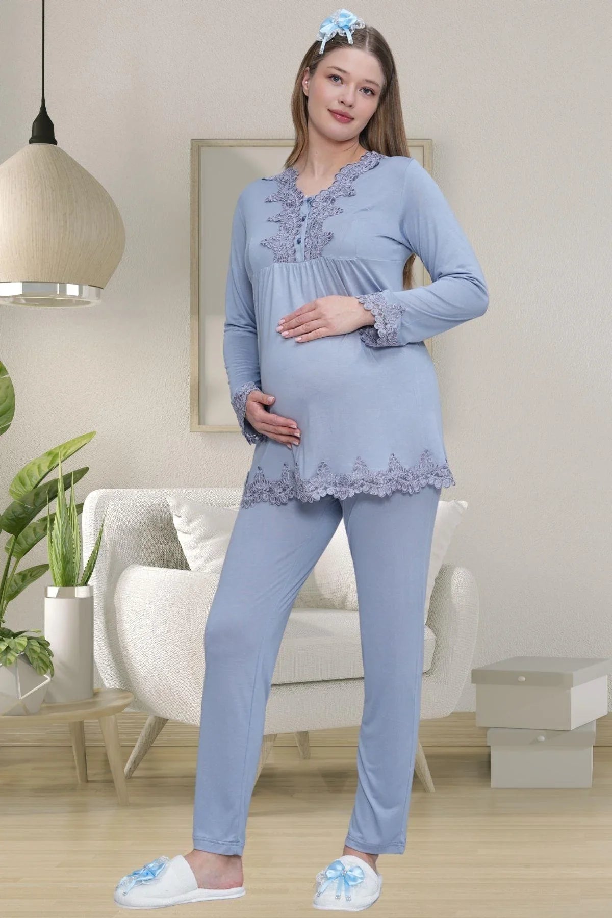 Lace Detailed 4-Piece Maternity-Nursing Set Blue - 1519