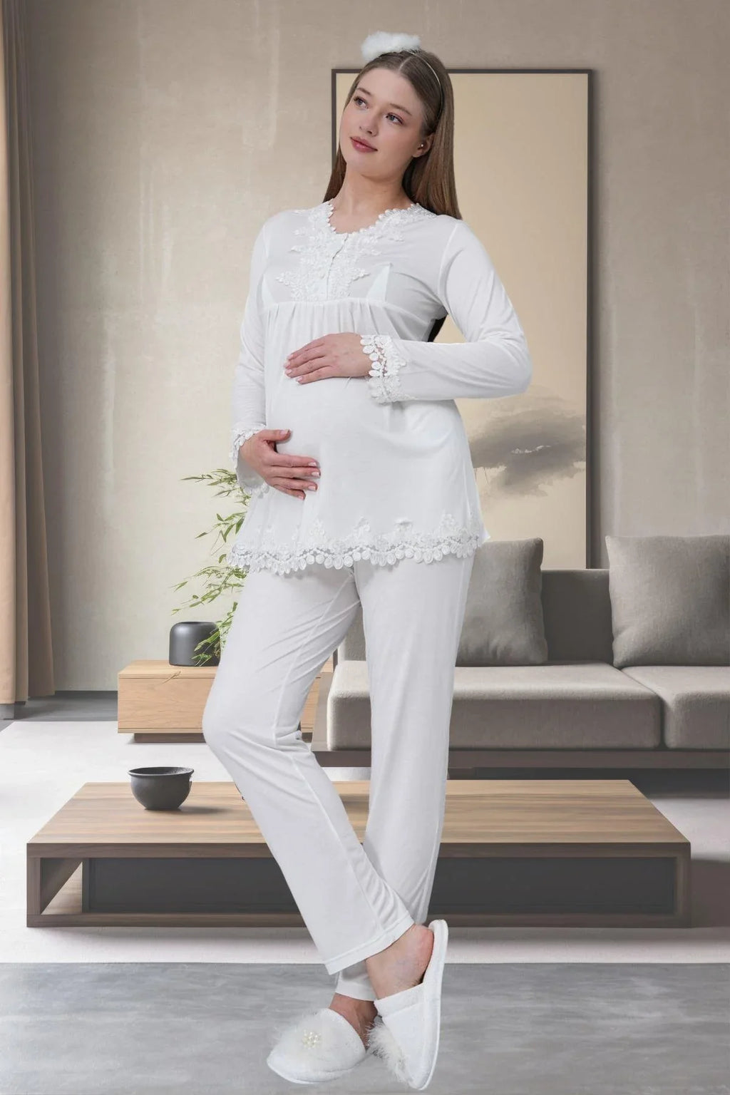 Lace Detailed 4-Piece Maternity-Nursing Set Ecru - 1519