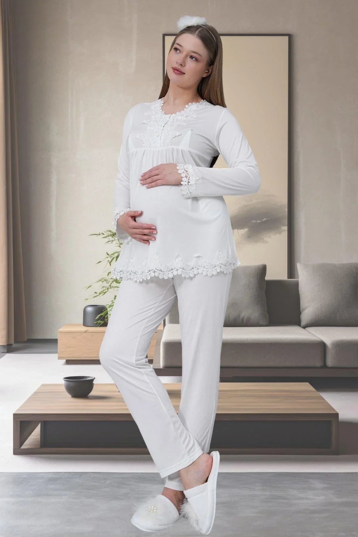 Lace Detailed 4-Piece Maternity-Nursing Set Ecru - 1519