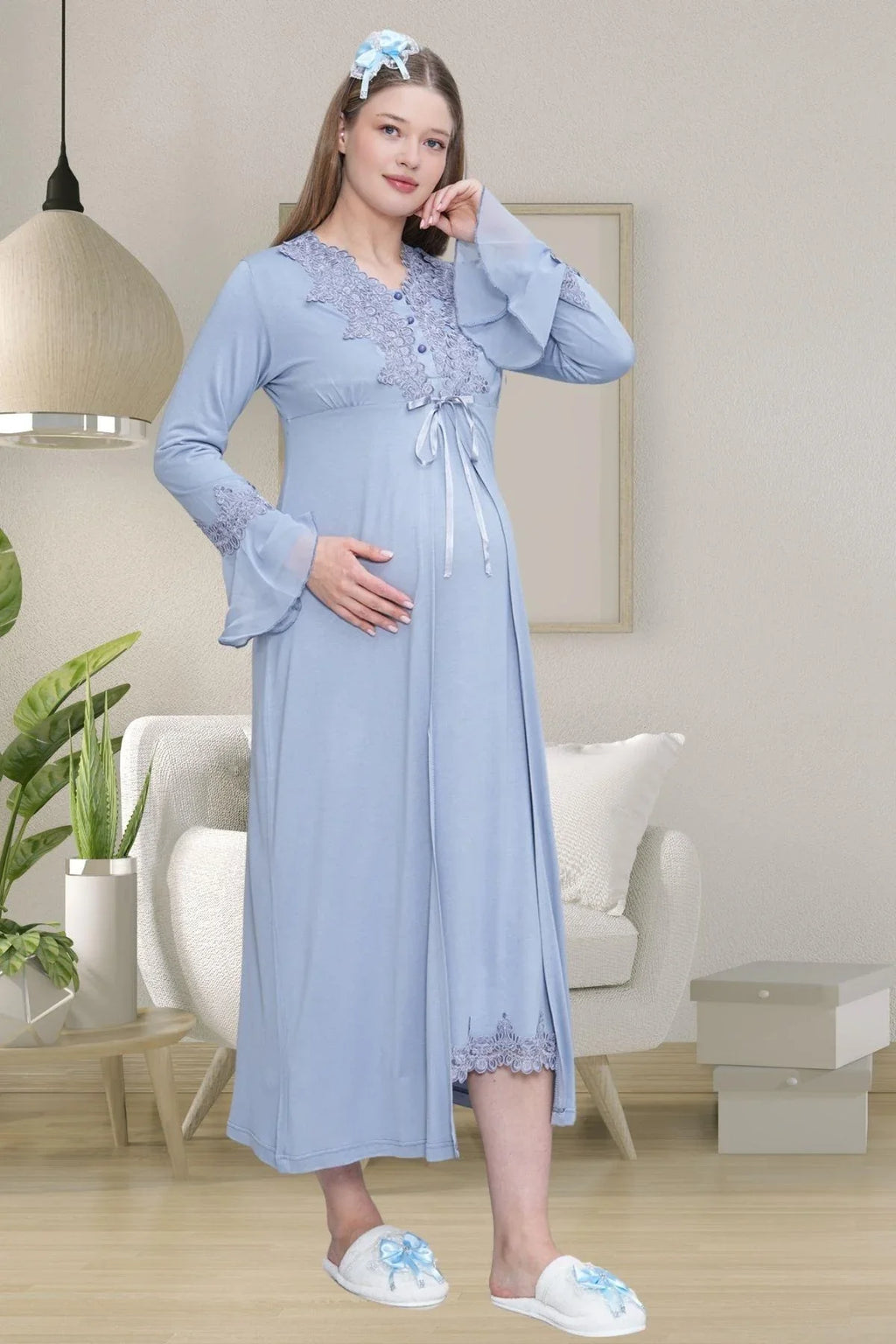 Lace Detailed 4-Piece Maternity-Nursing Set Blue - 1519