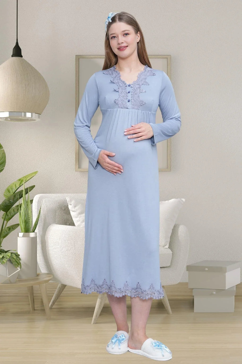 Lace Detailed 4-Piece Maternity-Nursing Set Blue - 1519