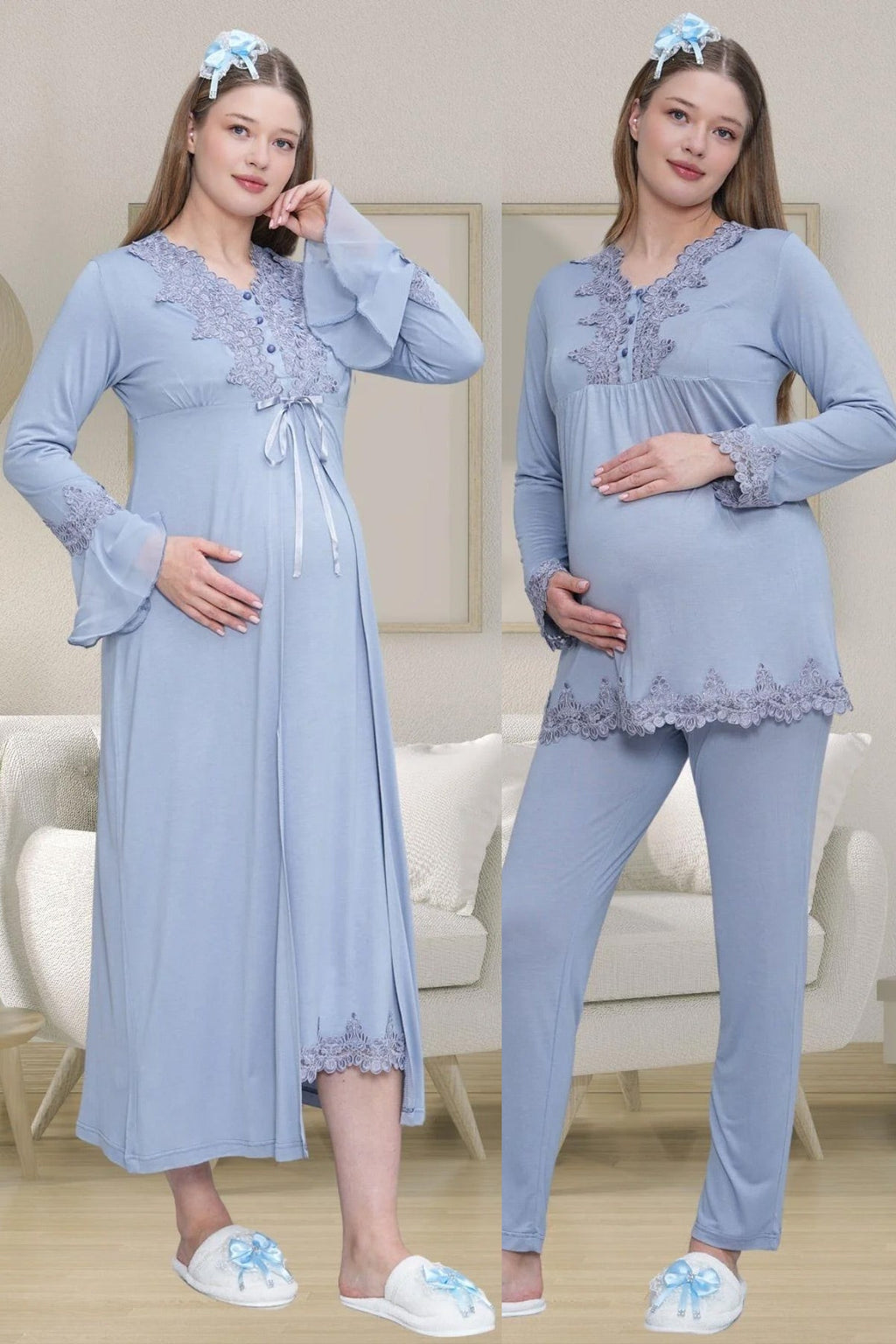 Lace Detailed 4-Piece Maternity-Nursing Set Blue - 1519