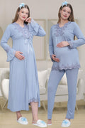 Lace Detailed 4-Piece Maternity-Nursing Set Blue - 1519