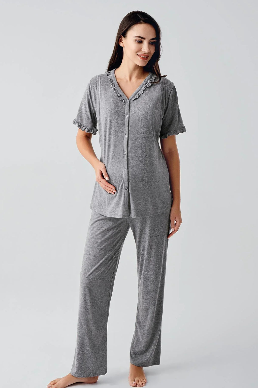 Pleated Double Breastfeeding 4-Piece Maternity-Nursing Set Grey - 400200