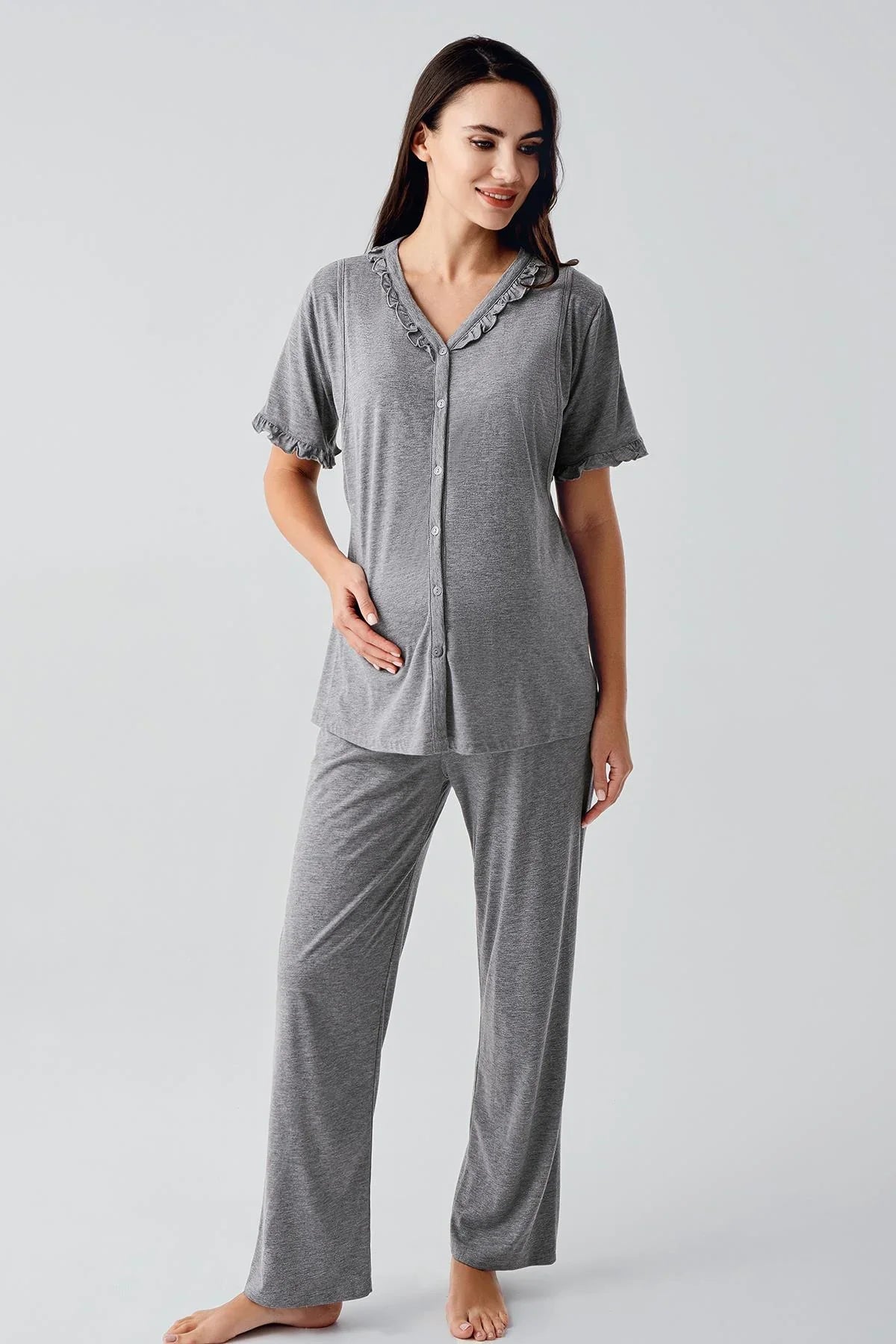 Pleated Double Breastfeeding 4-Piece Maternity-Nursing Set Grey - 400200
