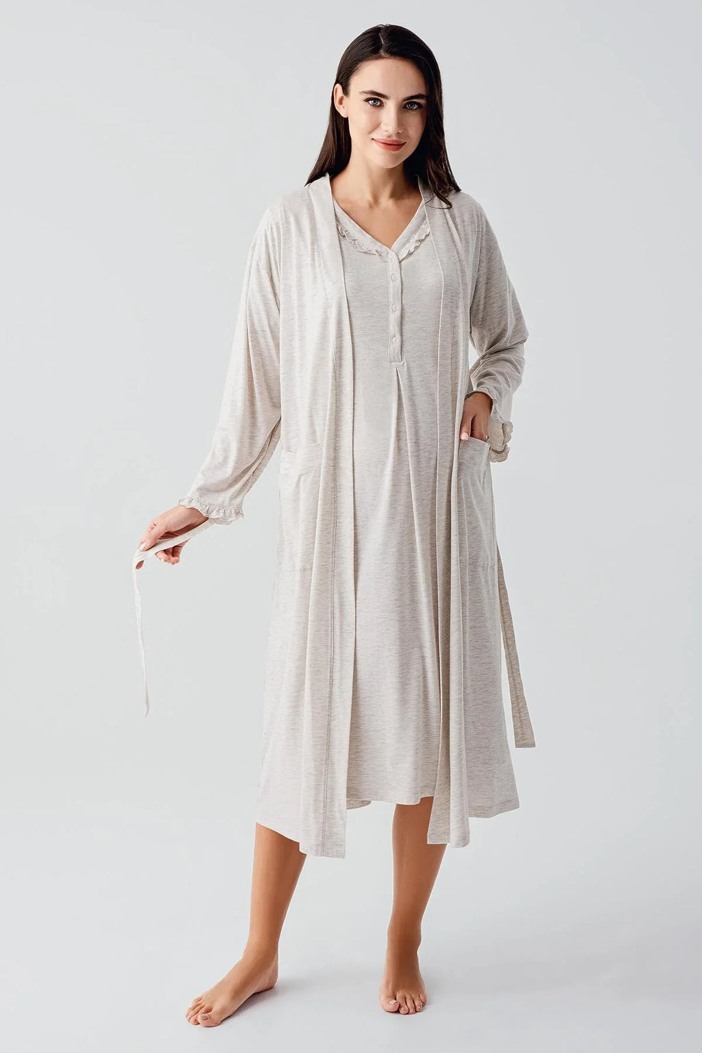 Pleated Double Breastfeeding 4-Piece Maternity-Nursing Set Beige - 400200