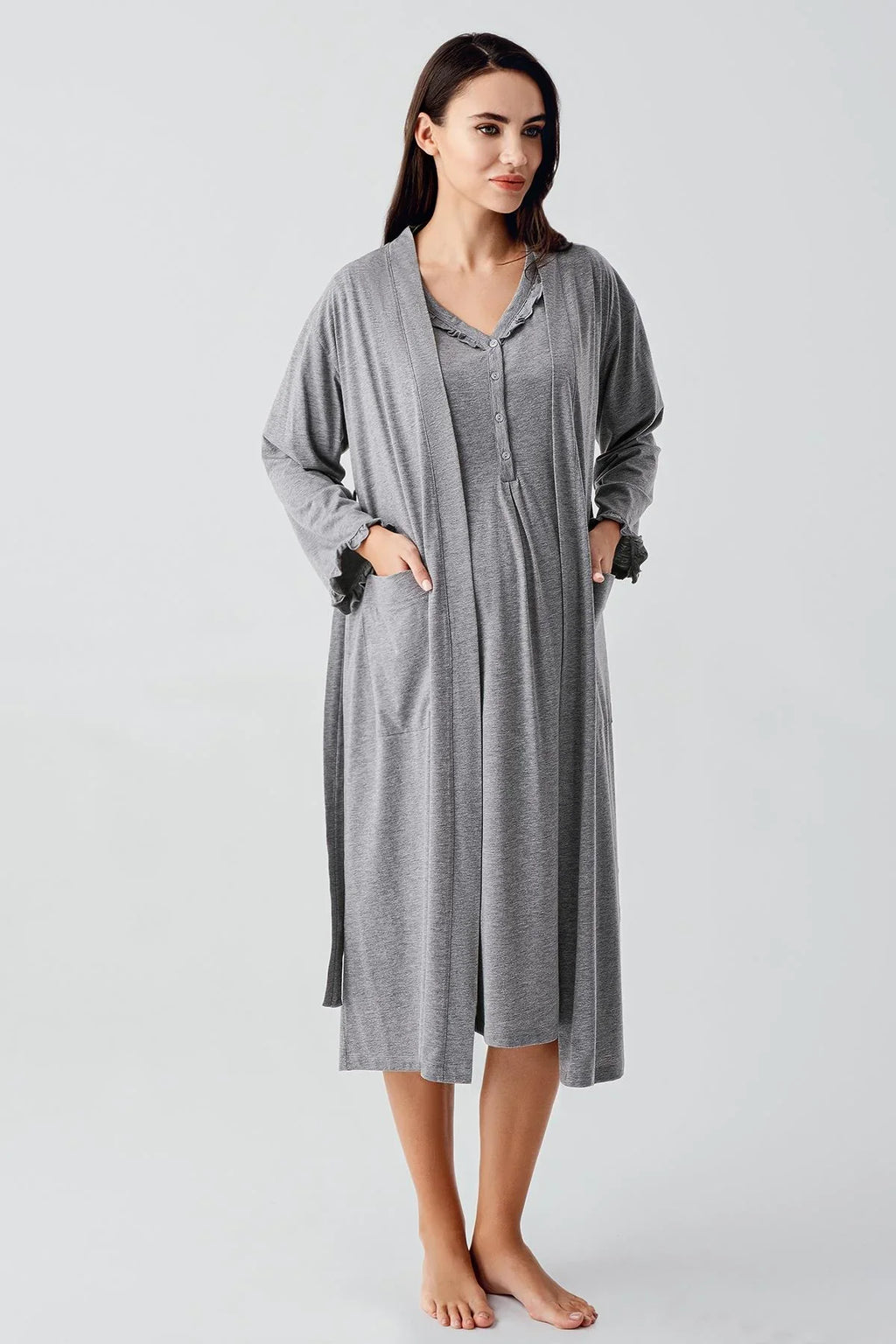 Pleated Double Breastfeeding 4-Piece Maternity-Nursing Set Grey - 400200