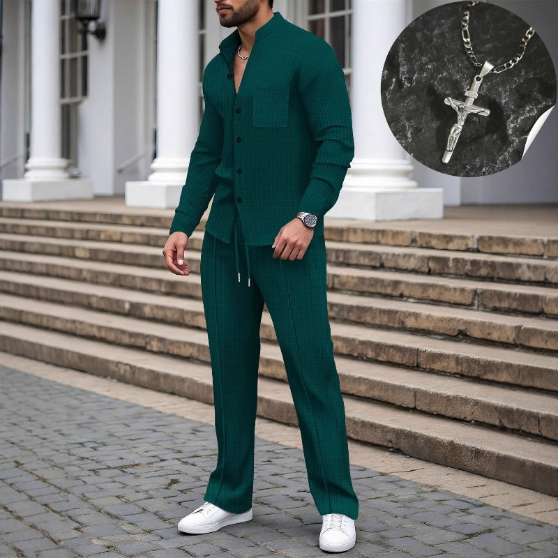 ⏳Tijdelijke aanbieding⏰ Casual tweedelig herenpak bestaande uit een wafelgebreid overhemd en een broek