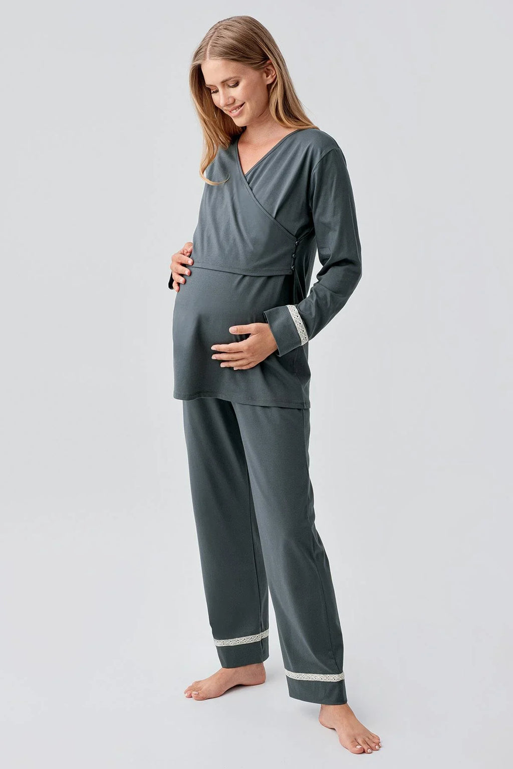 Side Tie Nursing Feature Cotton 4-Piece Maternity-Nursing Set Green - 180101