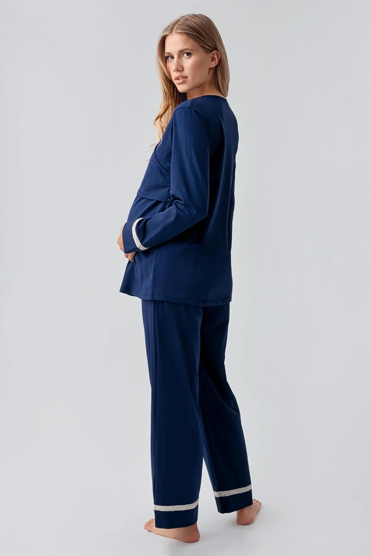 Side Tie Nursing Feature Cotton 4-Piece Maternity-Nursing Set Navy Blue - 180101