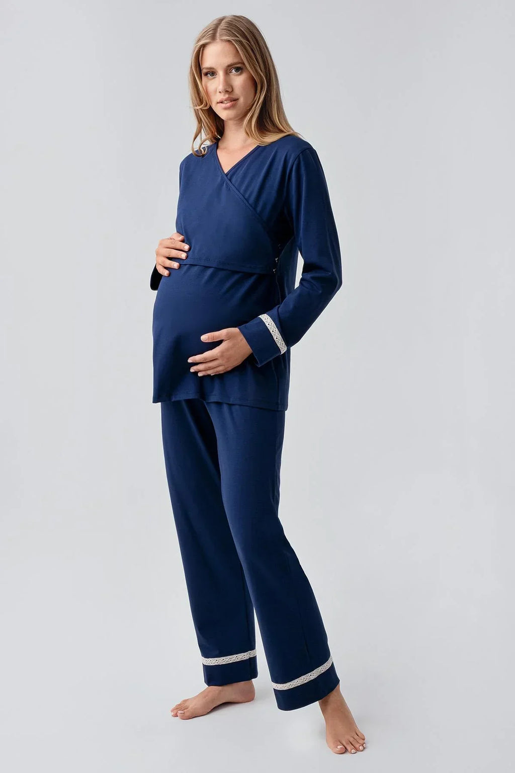 Side Tie Nursing Feature Cotton 4-Piece Maternity-Nursing Set Navy Blue - 180101