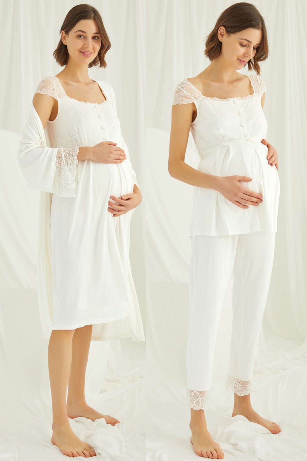 Lace Shoulder 4-Piece Maternity-Nursing Set Ecru - 202303