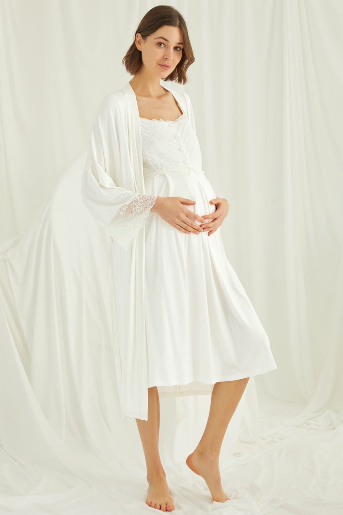 Lace Shoulder 4-Piece Maternity-Nursing Set Ecru - 202303