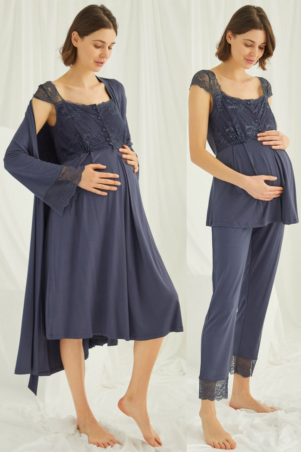 Lace Shoulder 4-Piece Maternity-Nursing Set Navy Blue - 210305