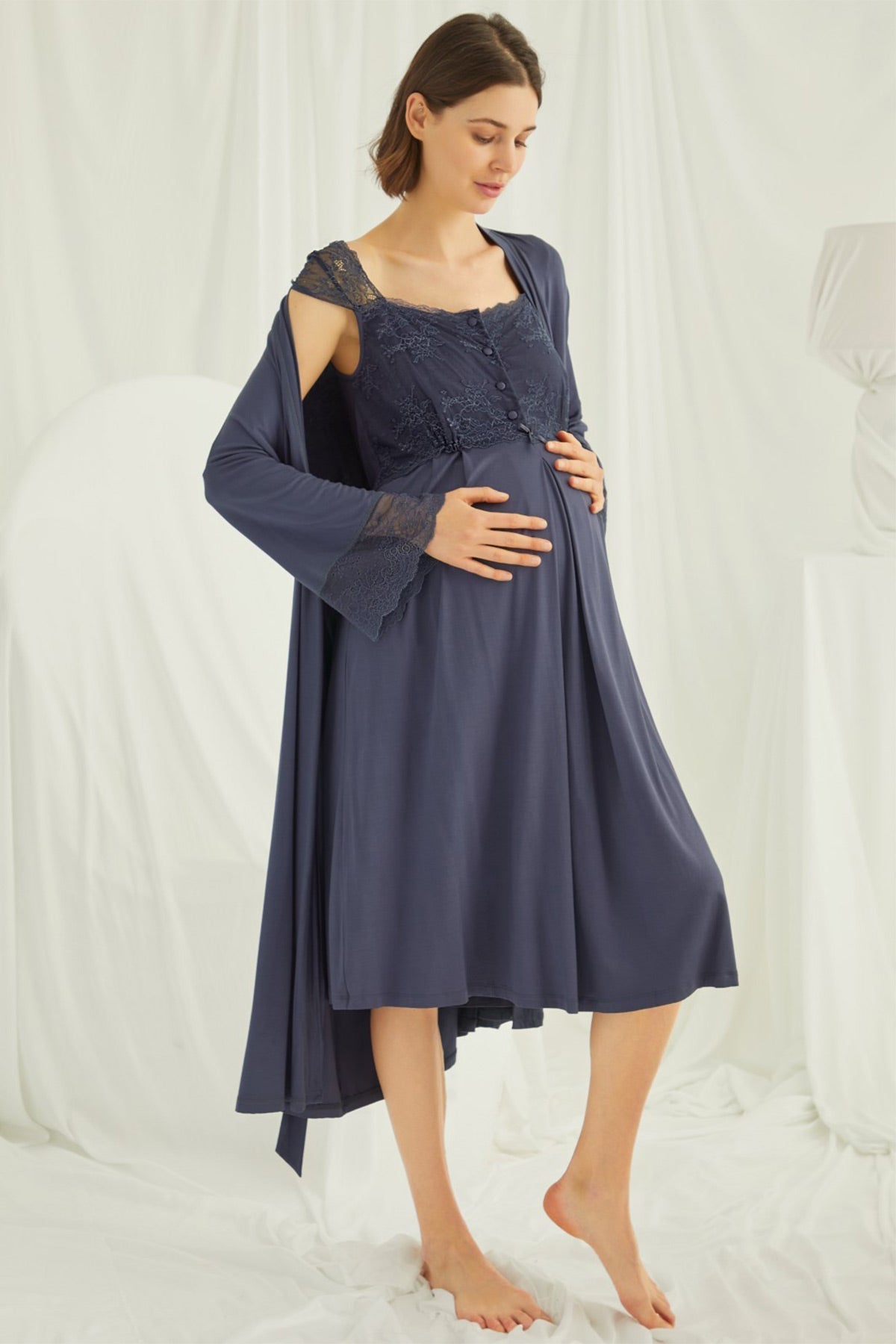 Lace Shoulder 4-Piece Maternity-Nursing Set Navy Blue - 210305