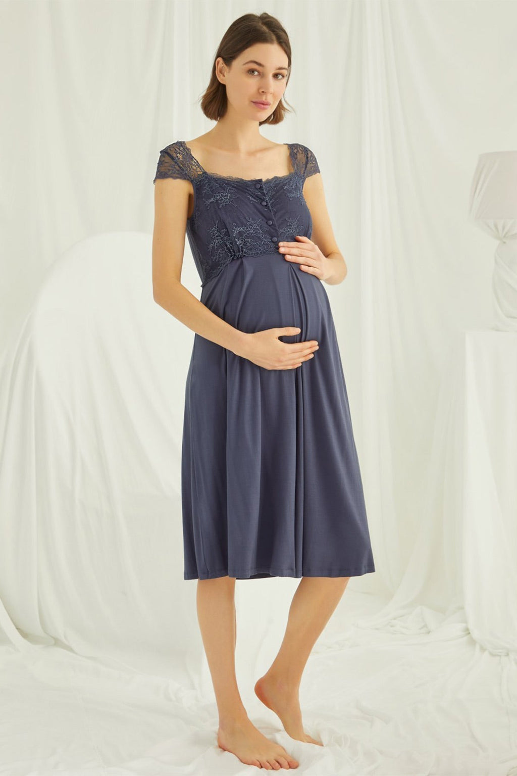 Lace Shoulder 4-Piece Maternity-Nursing Set Navy Blue - 210305