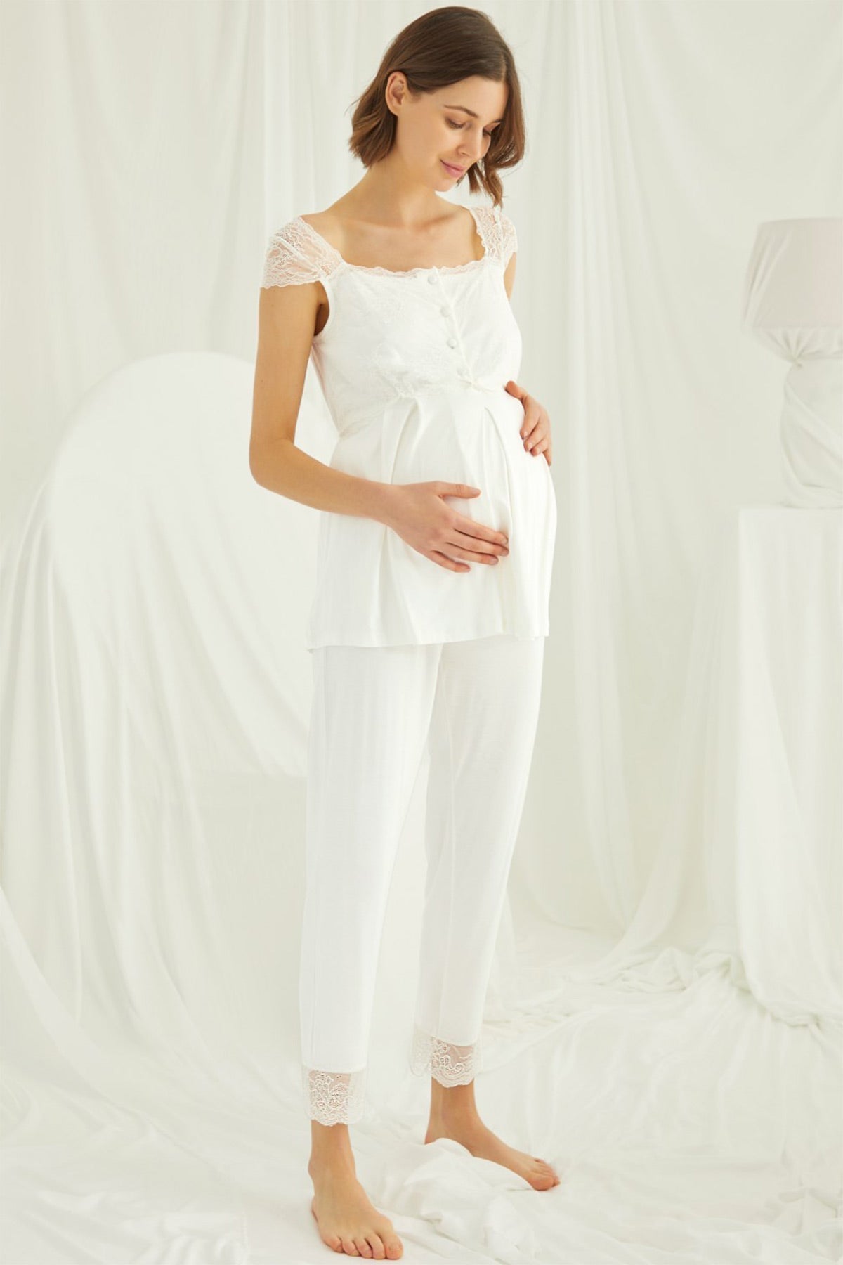 Lace Shoulder 4-Piece Maternity-Nursing Set Ecru - 202303