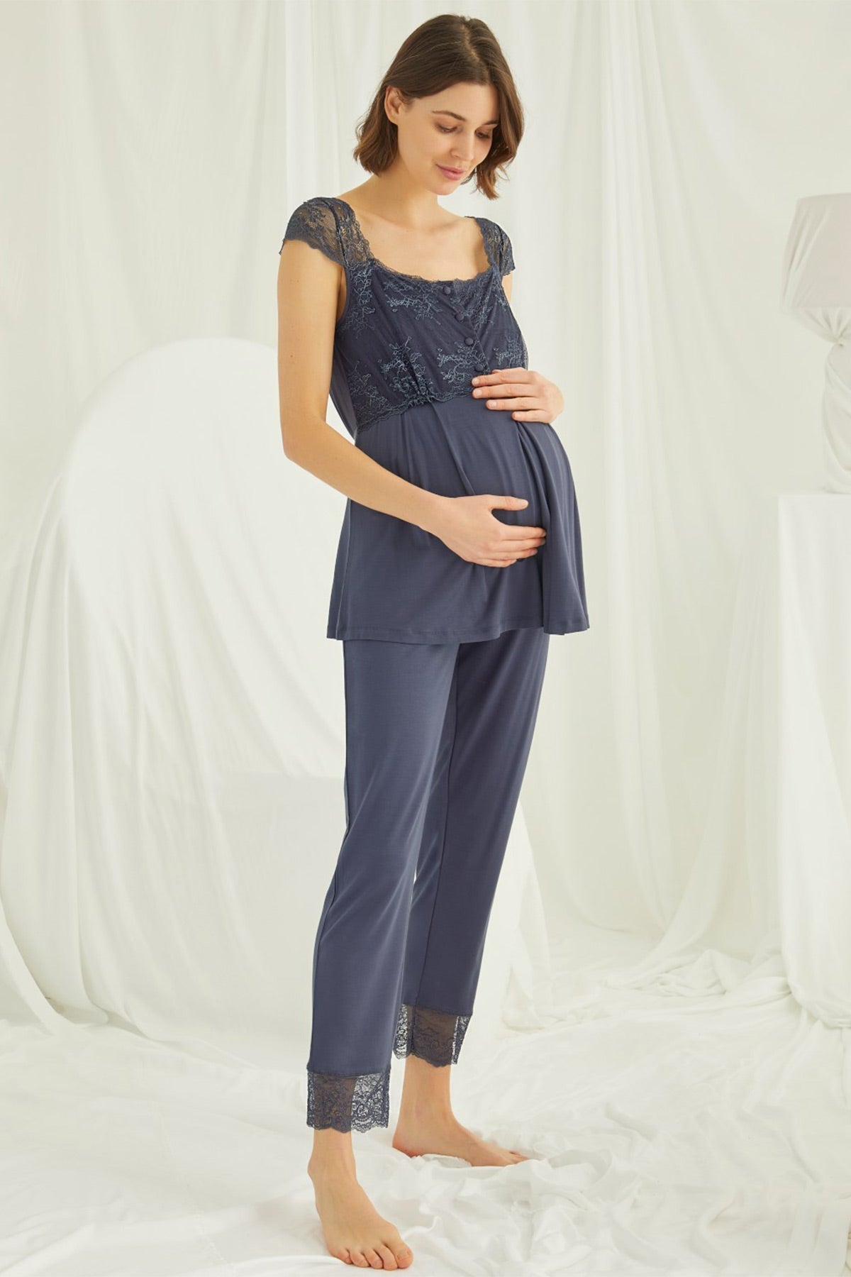 Lace Shoulder 4-Piece Maternity-Nursing Set Navy Blue - 210305