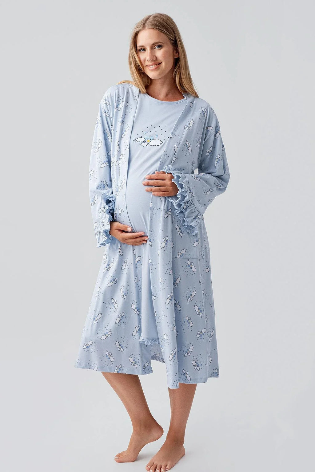 Patterned Pleated Cotton 4-Piece Maternity-Nursing Set Blue - 184020
