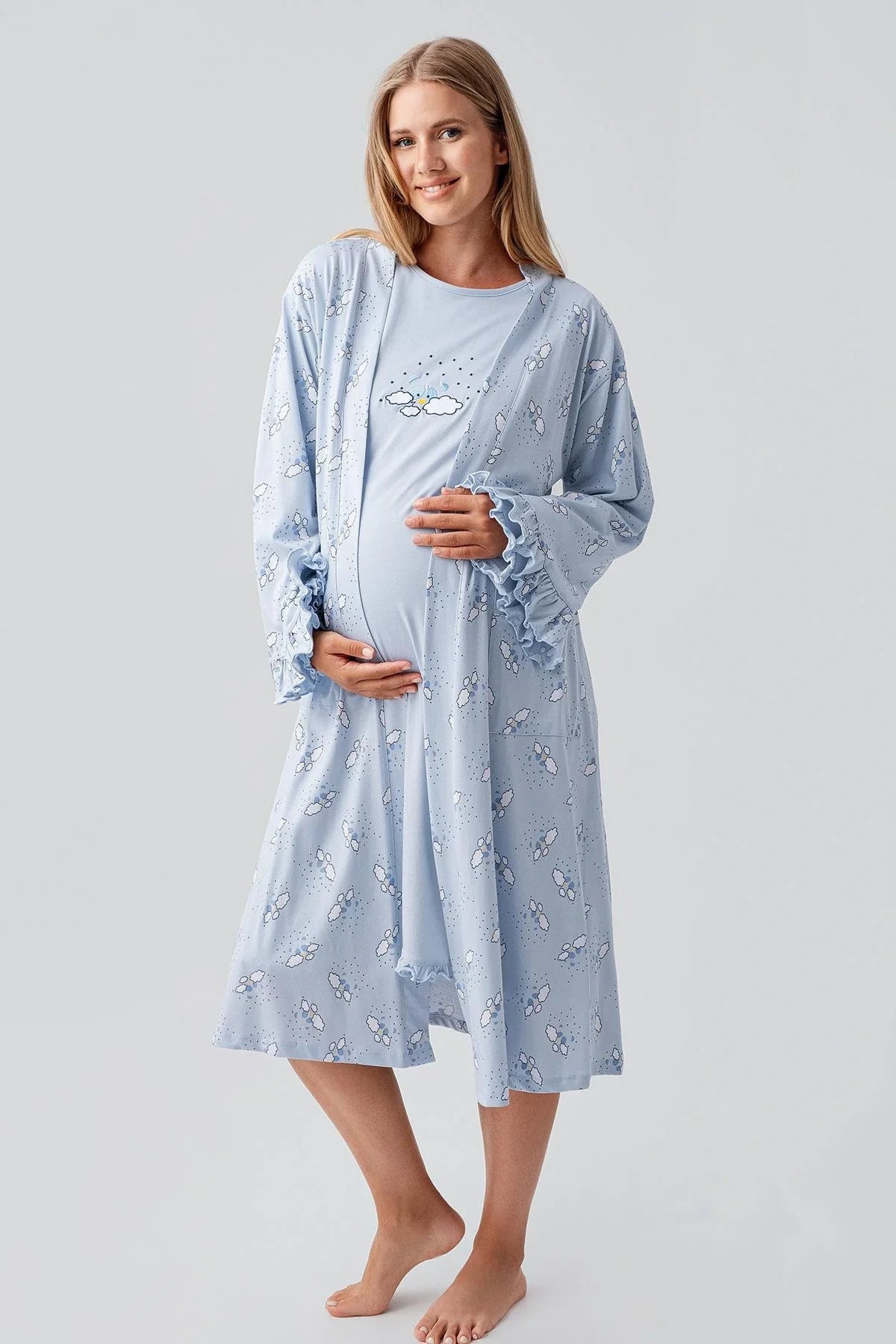 Patterned Pleated Cotton 4-Piece Maternity-Nursing Set Blue - 184020