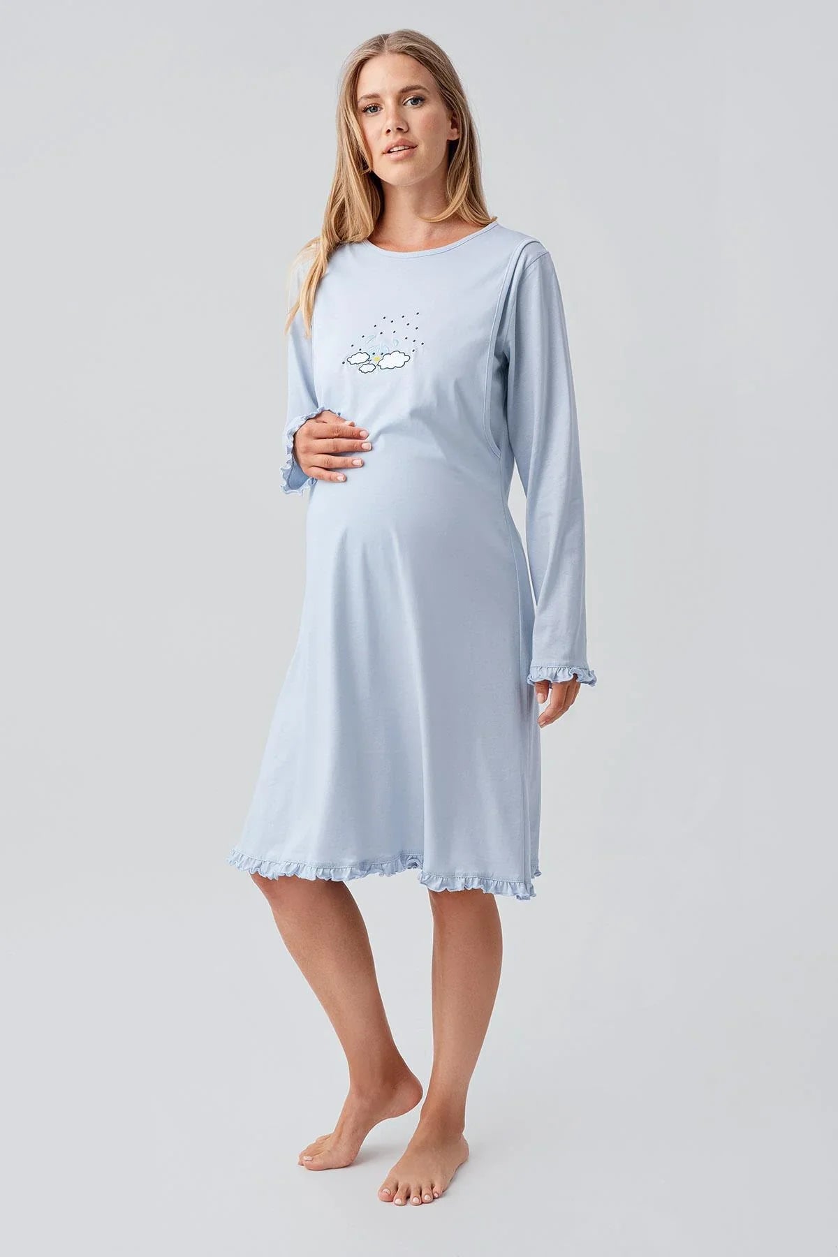 Patterned Pleated Cotton 4-Piece Maternity-Nursing Set Blue - 184020