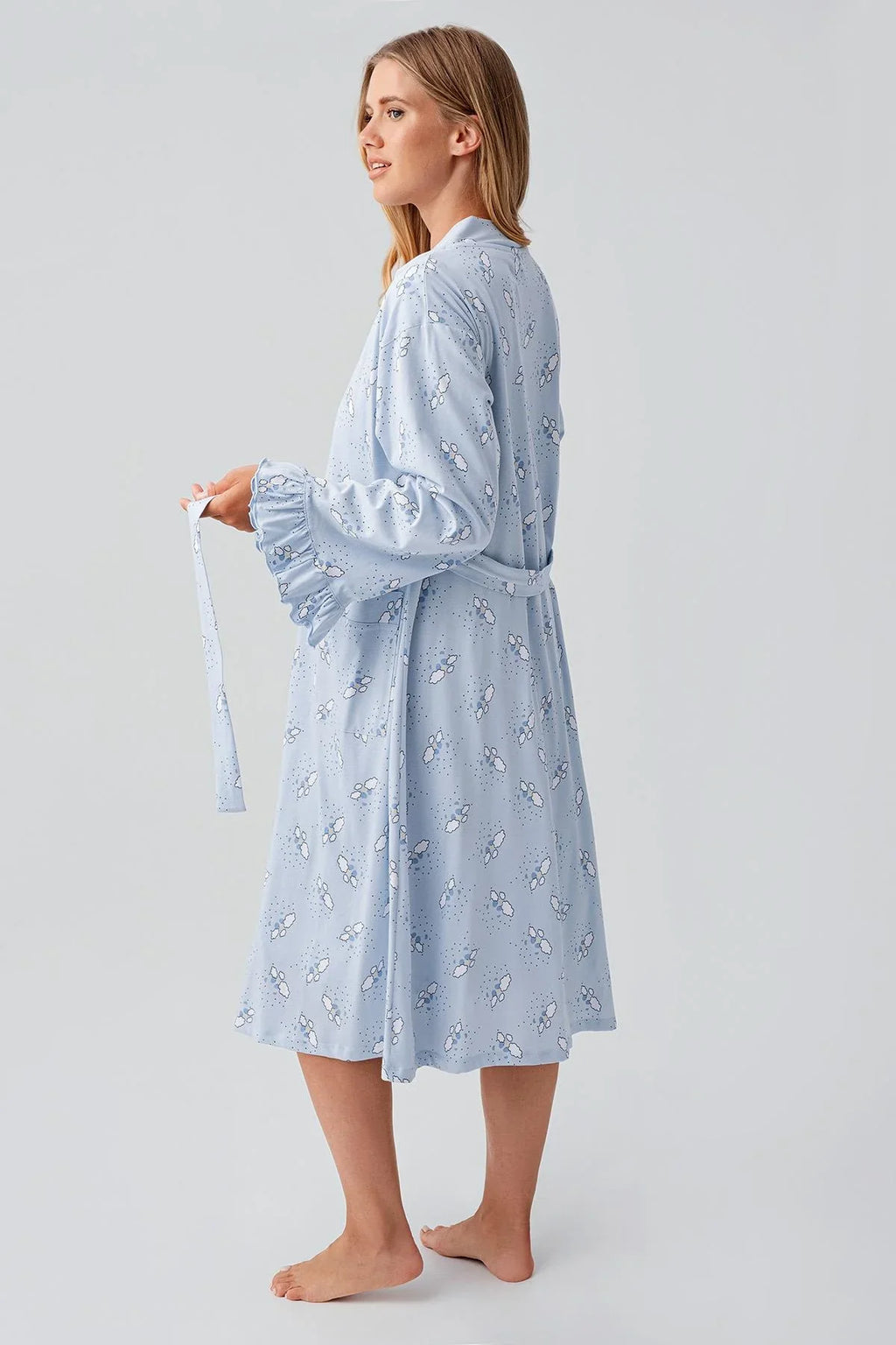 Patterned Pleated Cotton 4-Piece Maternity-Nursing Set Blue - 184020