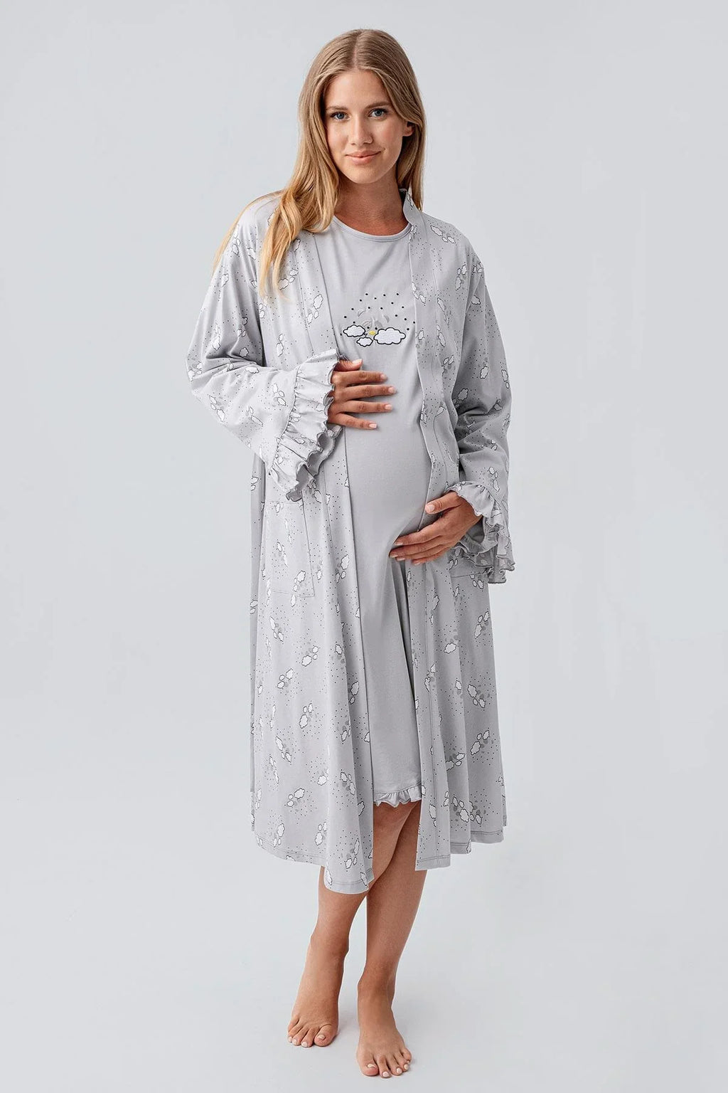 Patterned Pleated Cotton 4-Piece Maternity-Nursing Set Grey - 184020