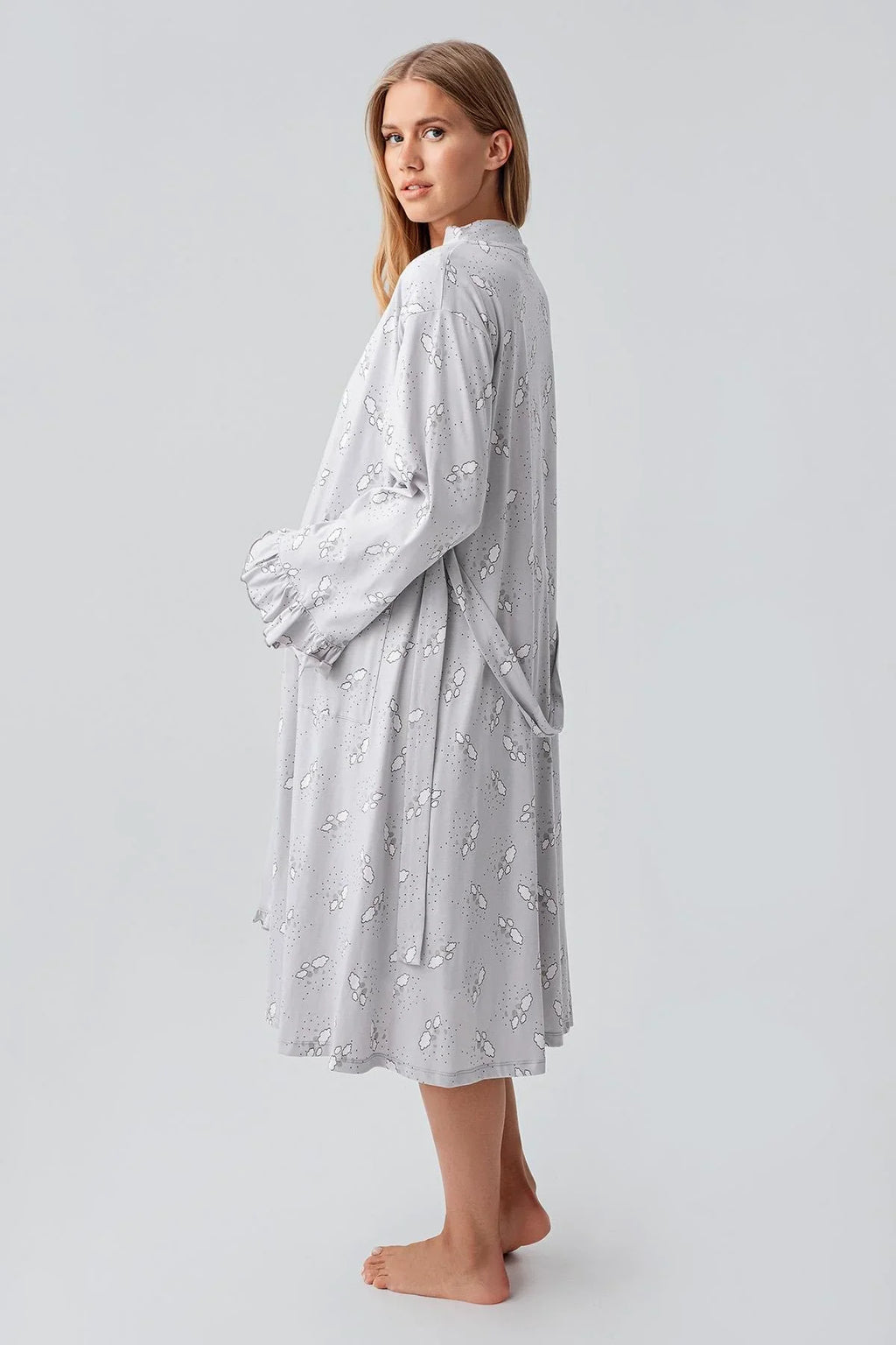 Patterned Pleated Cotton 4-Piece Maternity-Nursing Set Grey - 184020