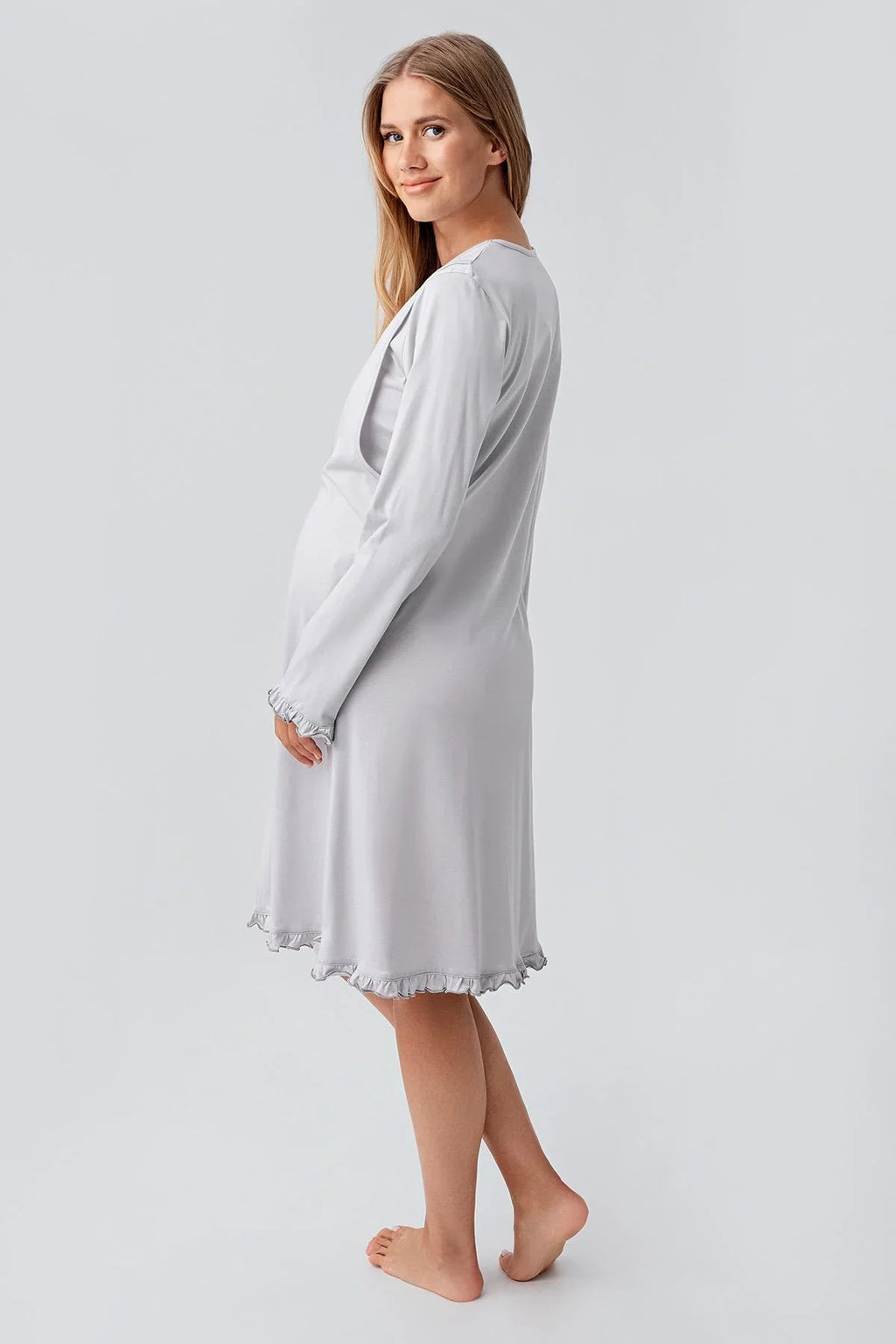 Patterned Pleated Cotton 4-Piece Maternity-Nursing Set Grey - 184020
