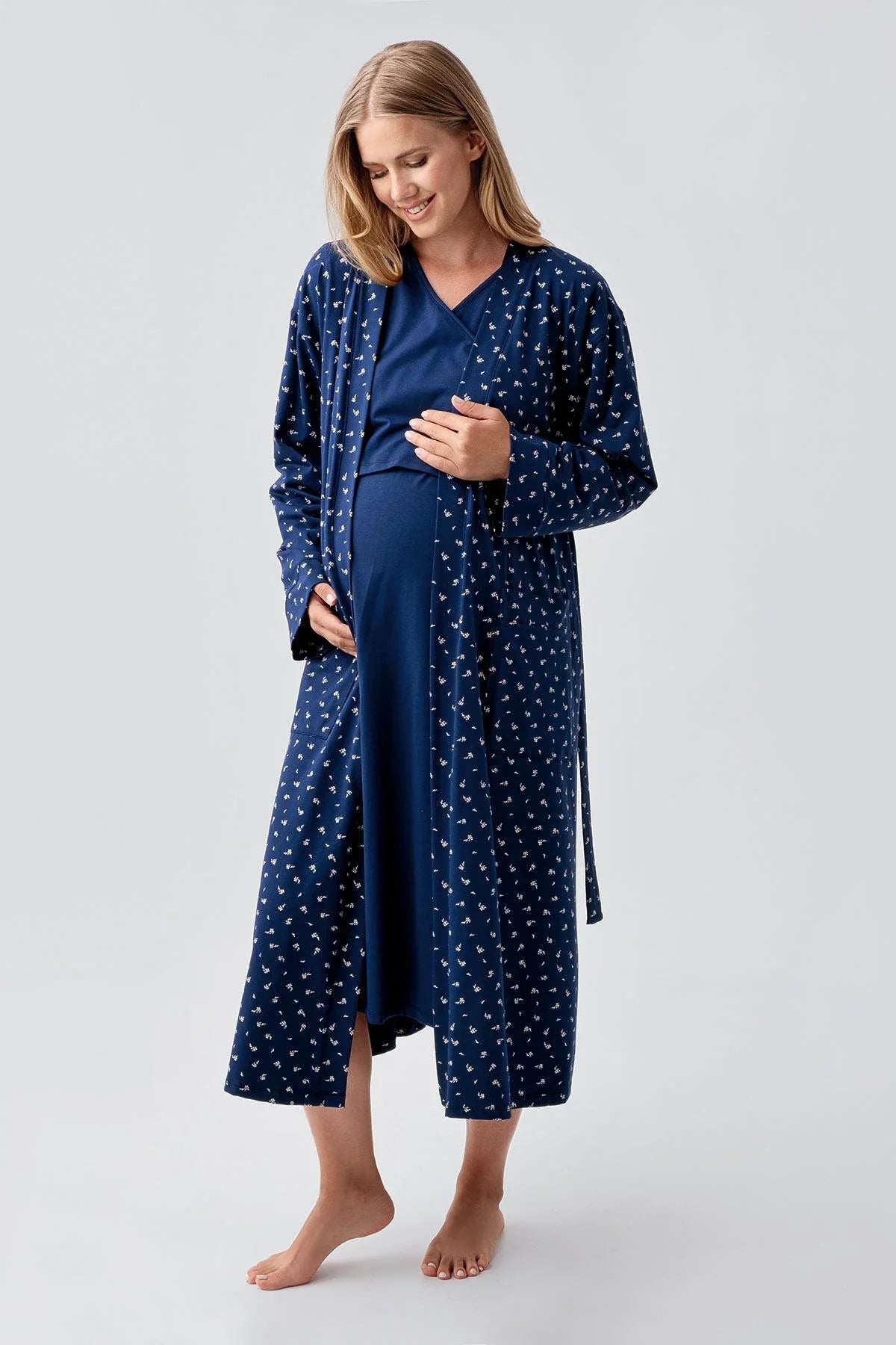 Side Tie Nursing Feature Cotton 4-Piece Maternity-Nursing Set Navy Blue - 180101