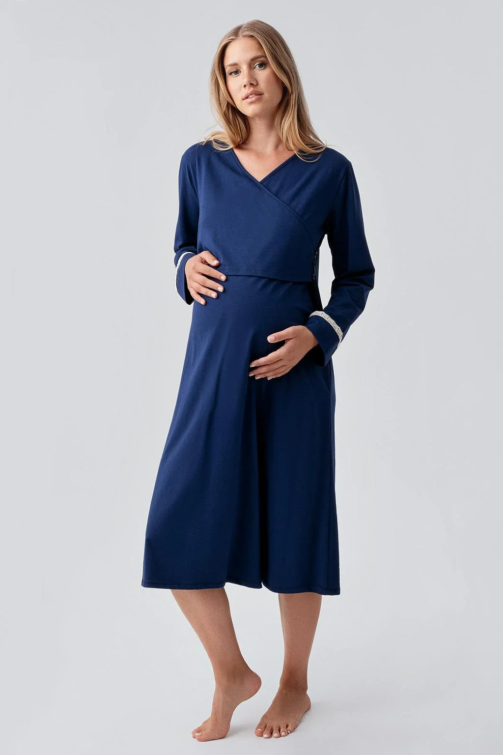 Side Tie Nursing Feature Cotton 4-Piece Maternity-Nursing Set Navy Blue - 180101