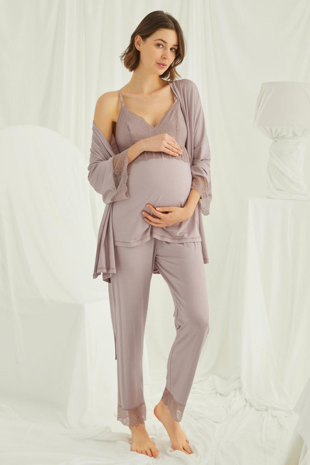 Lace Strappy 4-Piece Maternity-Nursing Set Mink - 431490