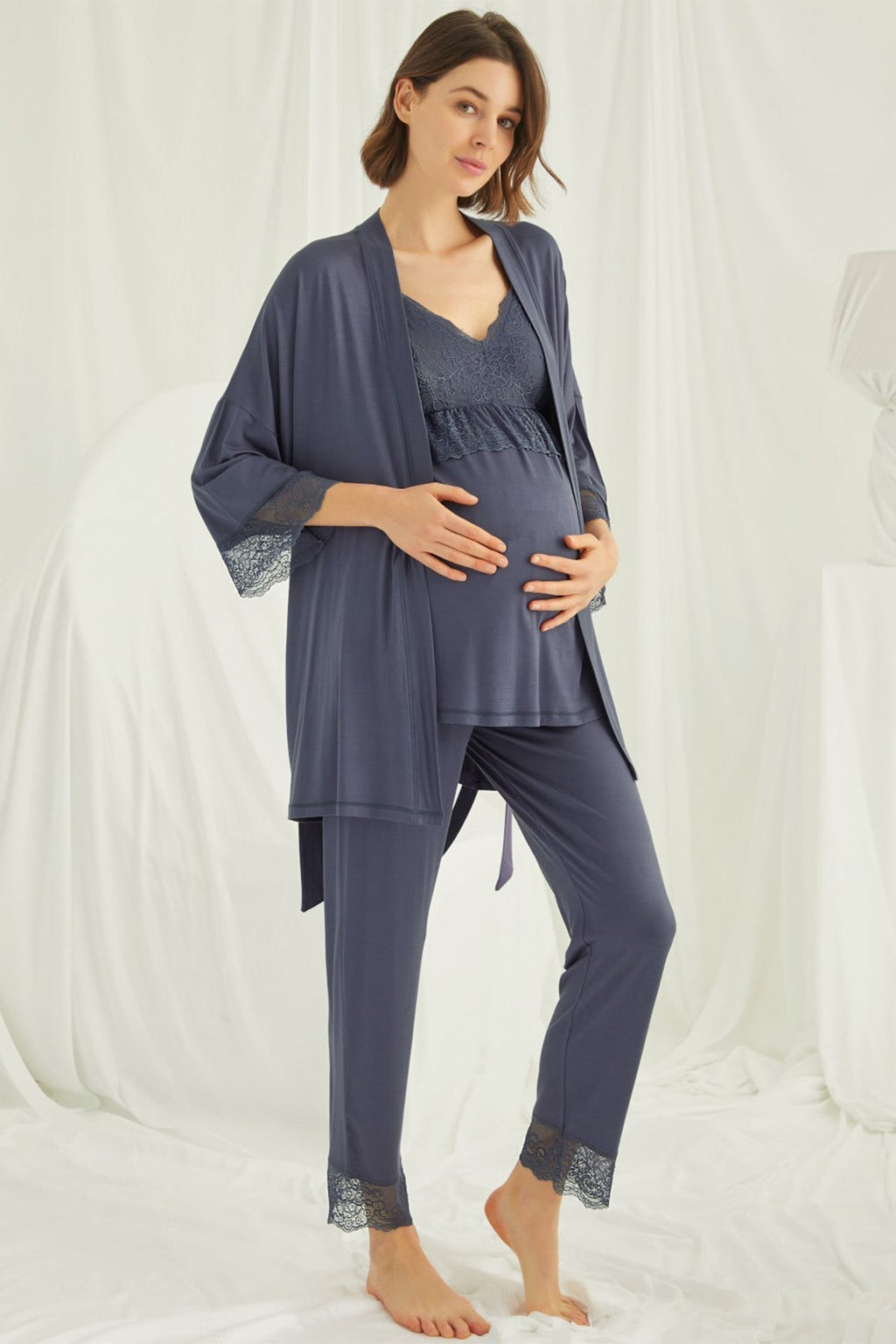 Lace Strappy 4-Piece Maternity-Nursing Set Navy Blue - 432453