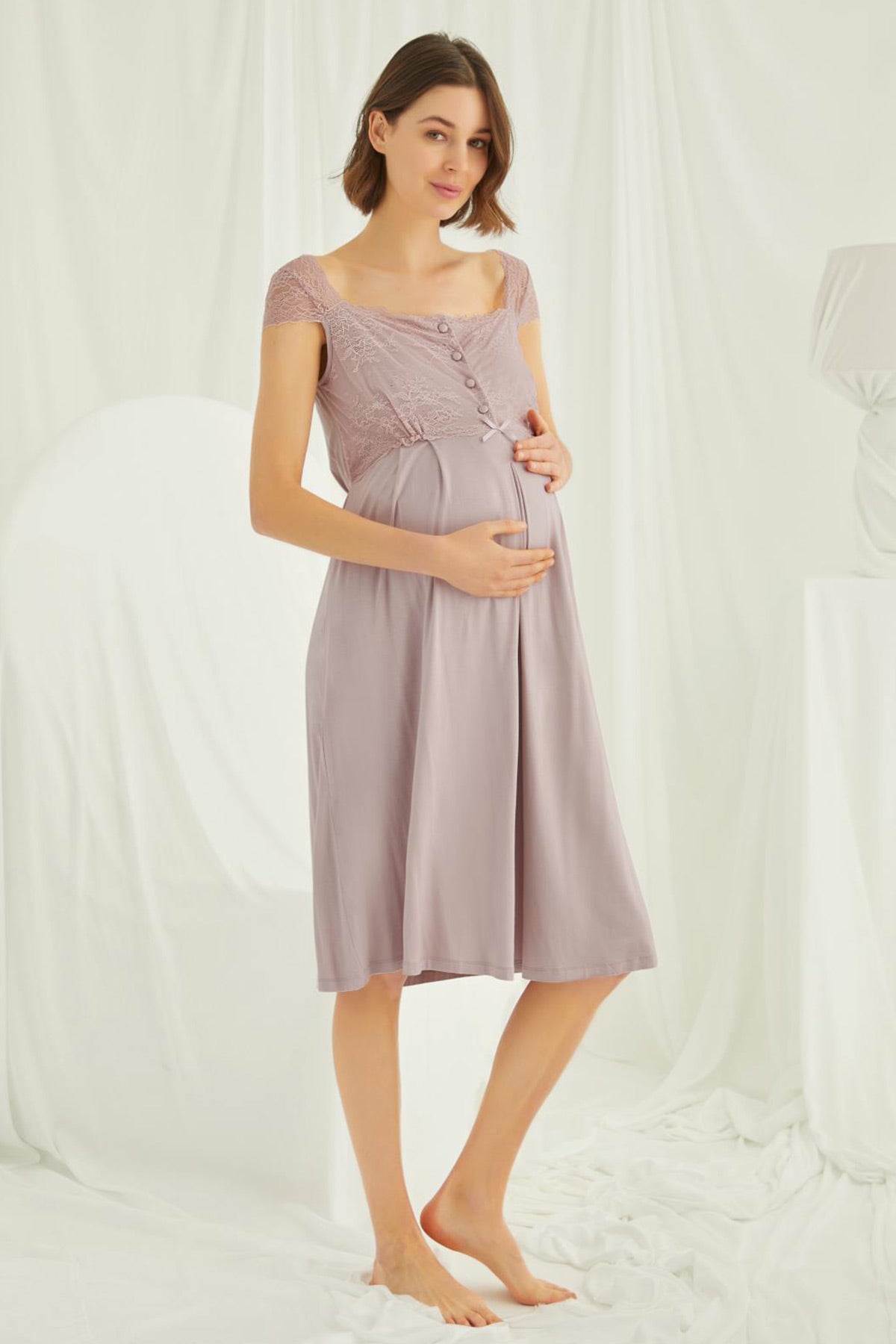 Lace Shoulder 4-Piece Maternity-Nursing Set Mink - 438440