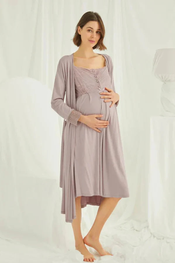 Lace Shoulder 4-Piece Maternity-Nursing Set Mink - 438440