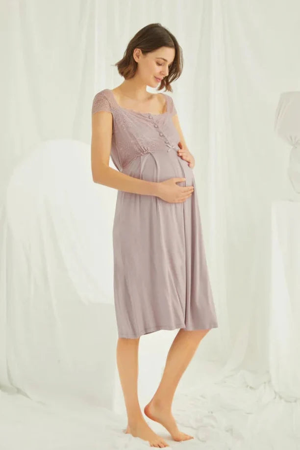 Lace Shoulder 4-Piece Maternity-Nursing Set Mink - 438440