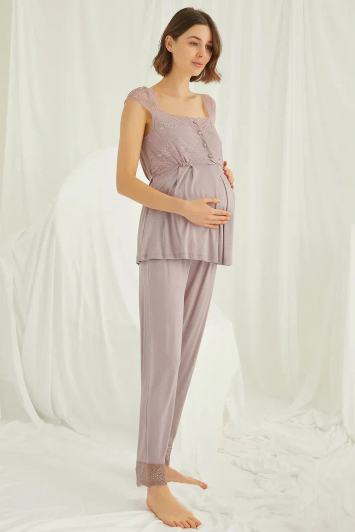 Lace Shoulder 4-Piece Maternity-Nursing Set Mink - 438440