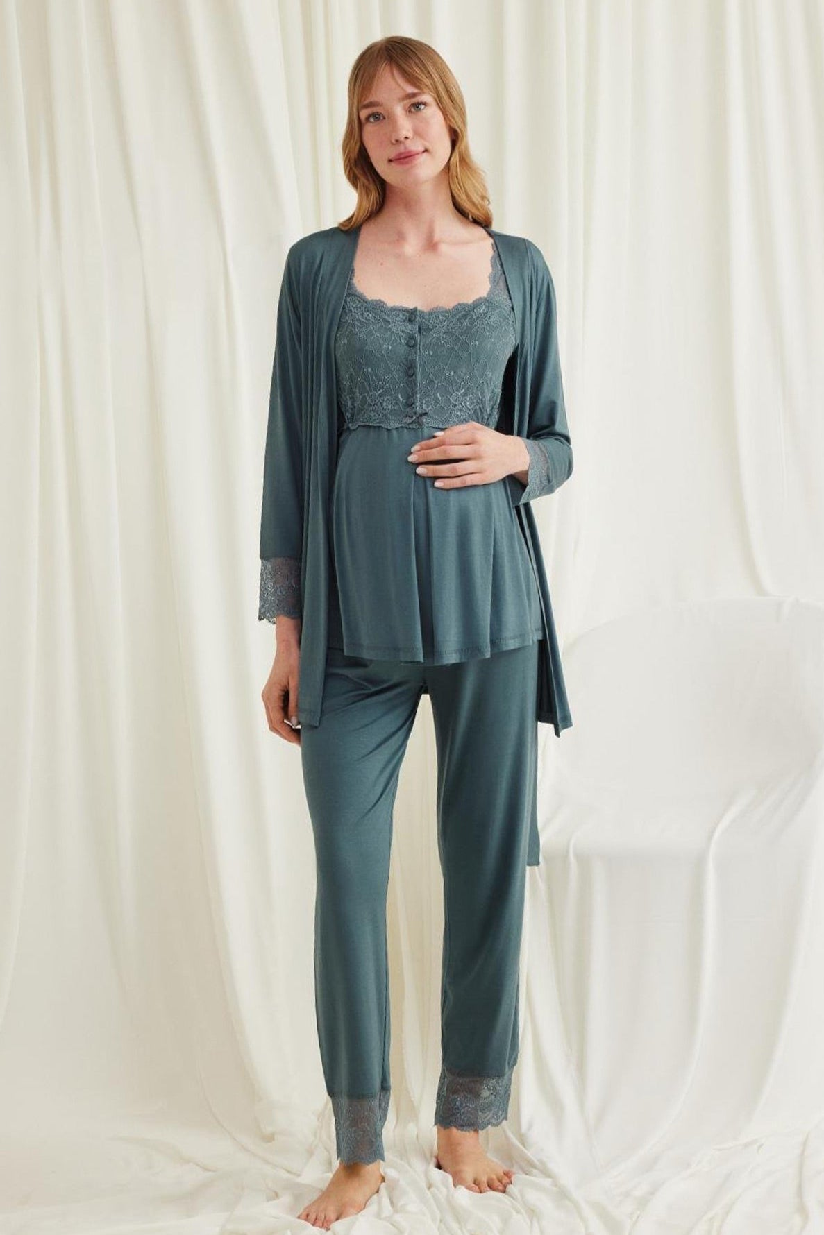 Lace Shoulder 4-Piece Maternity-Nursing Set Green - 535536