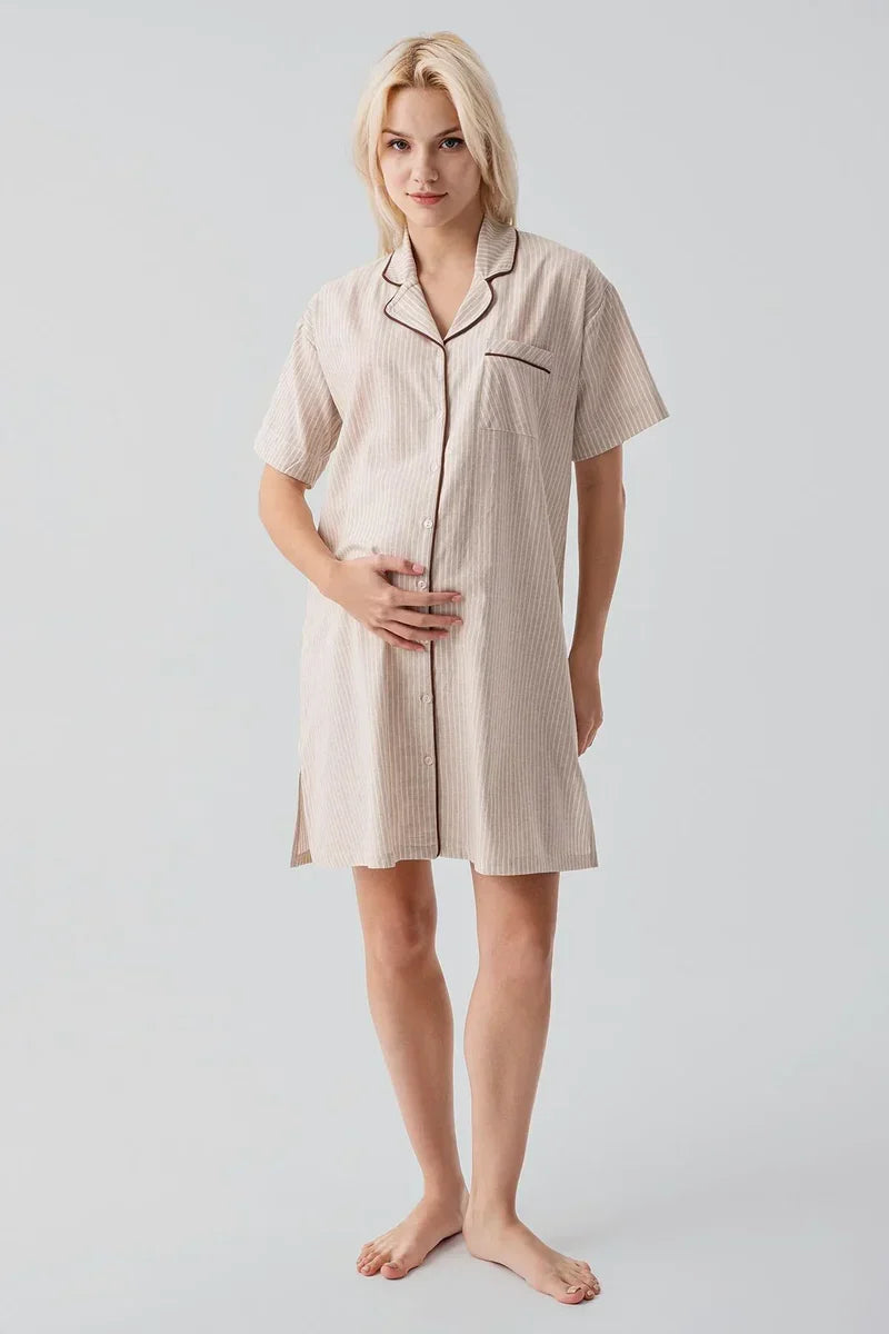 Striped Woven Cotton 4-Piece Maternity-Nursing Set Beige - 308108