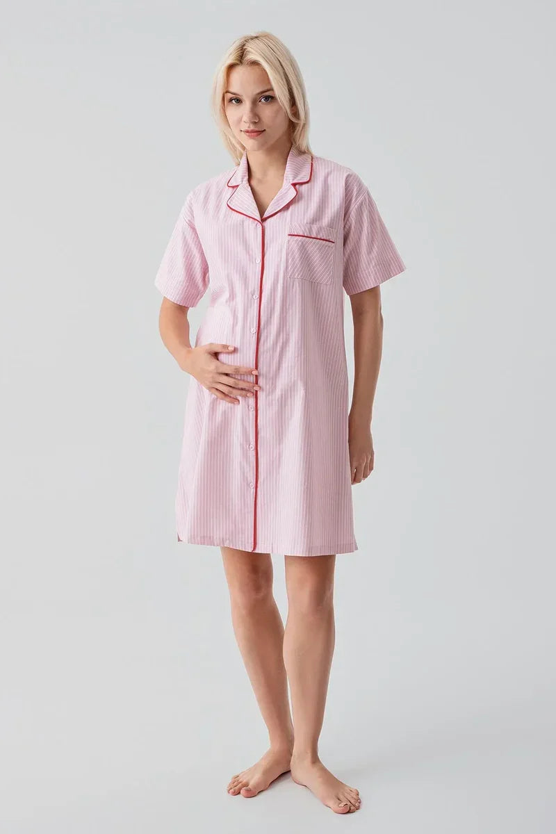 Striped Woven Cotton 4-Piece Maternity-Nursing Set Pink - 308108