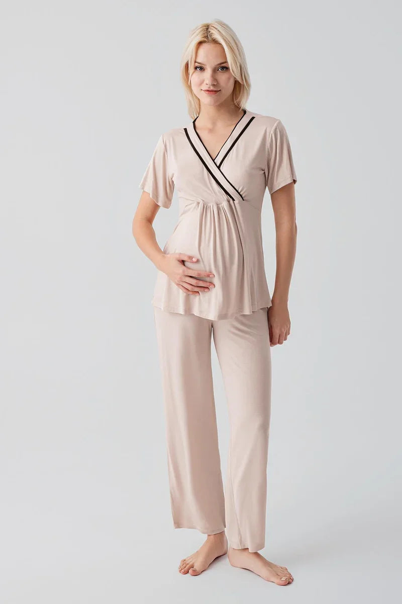Piped Wrap 4-Piece Maternity-Nursing Set Beige - 417217