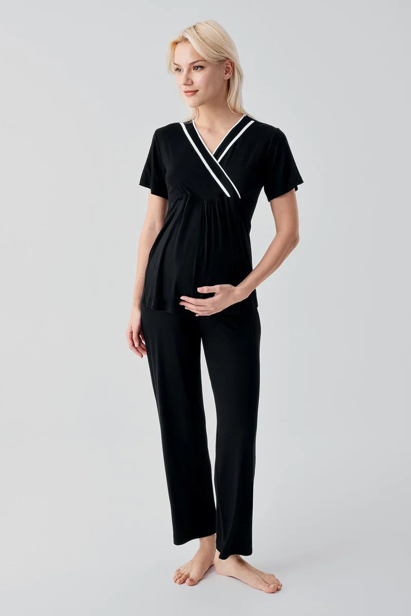 Piped Wrap 4-Piece Maternity-Nursing Set Black - 417217