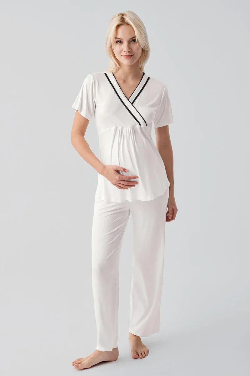 Piped Wrap 4-Piece Maternity-Nursing Set Ecru - 417217
