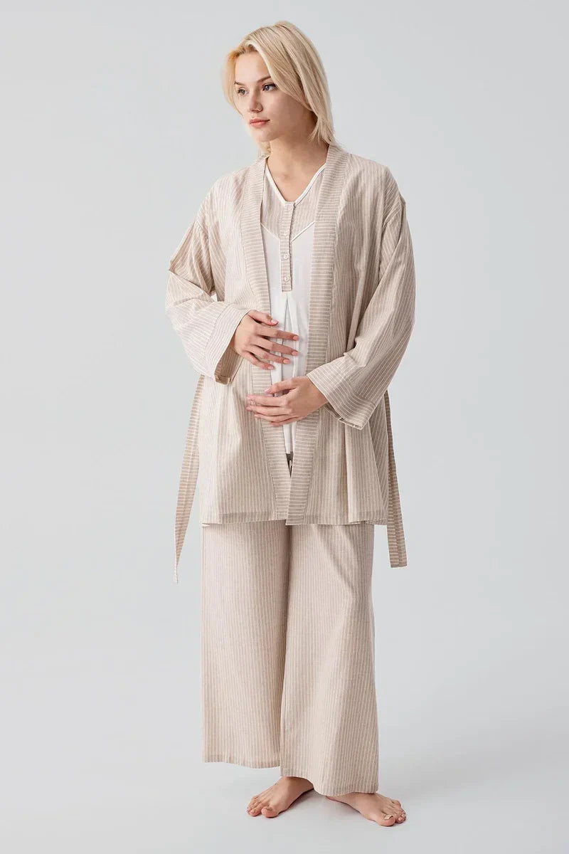 Striped Woven Cotton 4-Piece Maternity-Nursing Set Beige - 308108