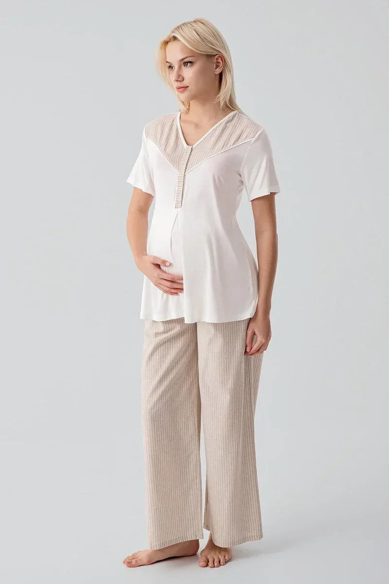 Striped Woven Cotton 4-Piece Maternity-Nursing Set Beige - 308108
