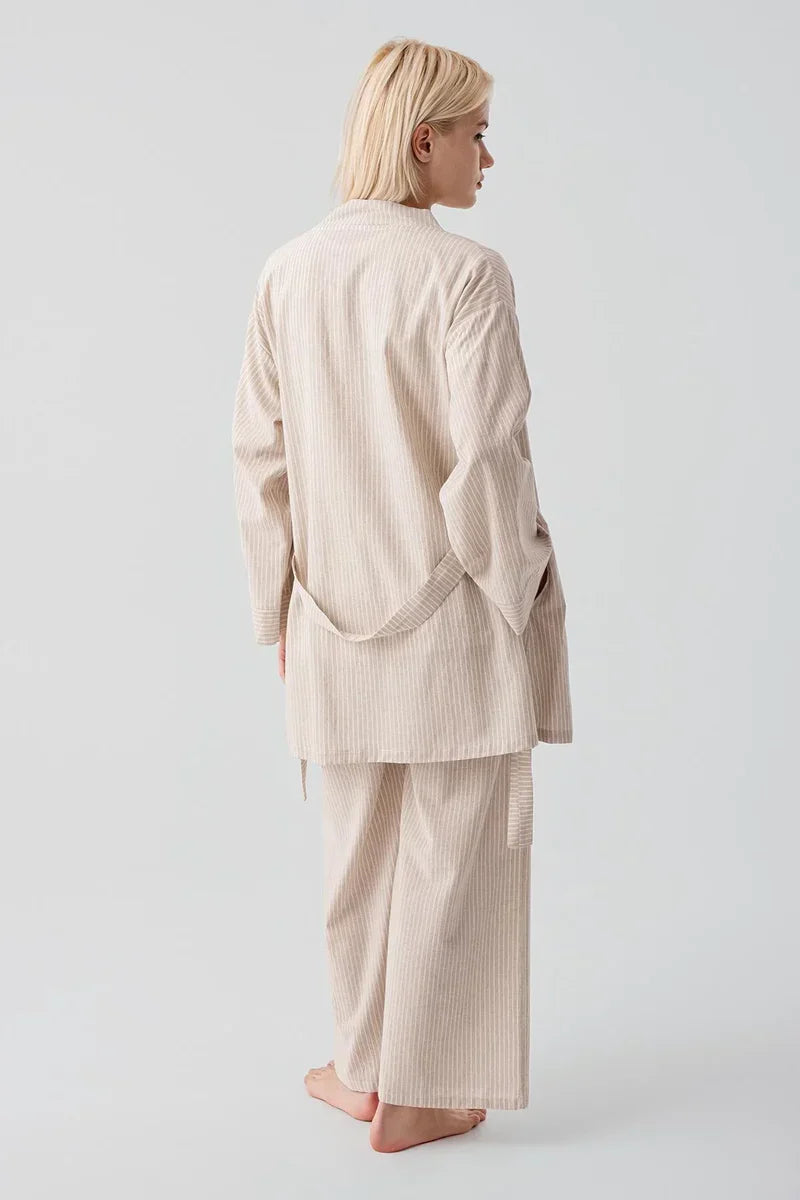 Striped Woven Cotton 4-Piece Maternity-Nursing Set Beige - 308108
