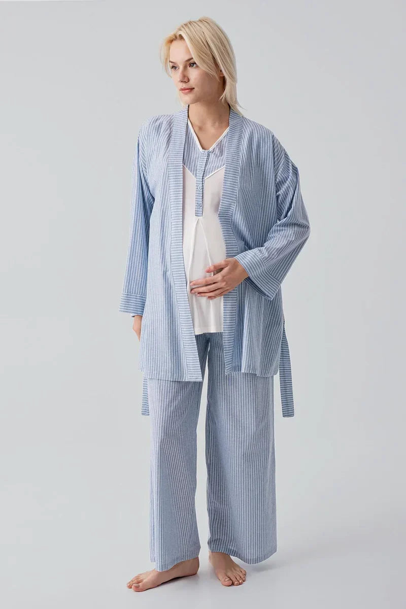 Striped Woven Cotton 4-Piece Maternity-Nursing Set Blue - 308108