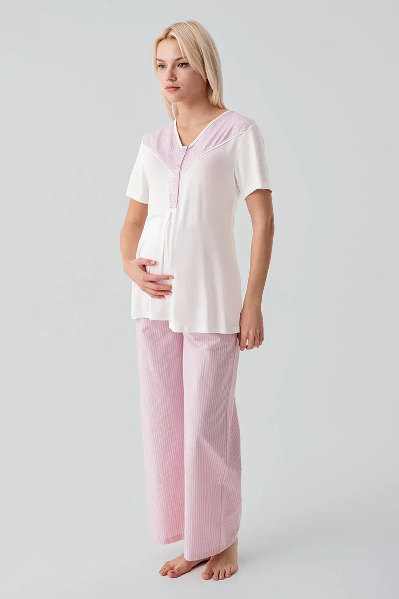 Striped Woven Cotton 4-Piece Maternity-Nursing Set Pink - 308108